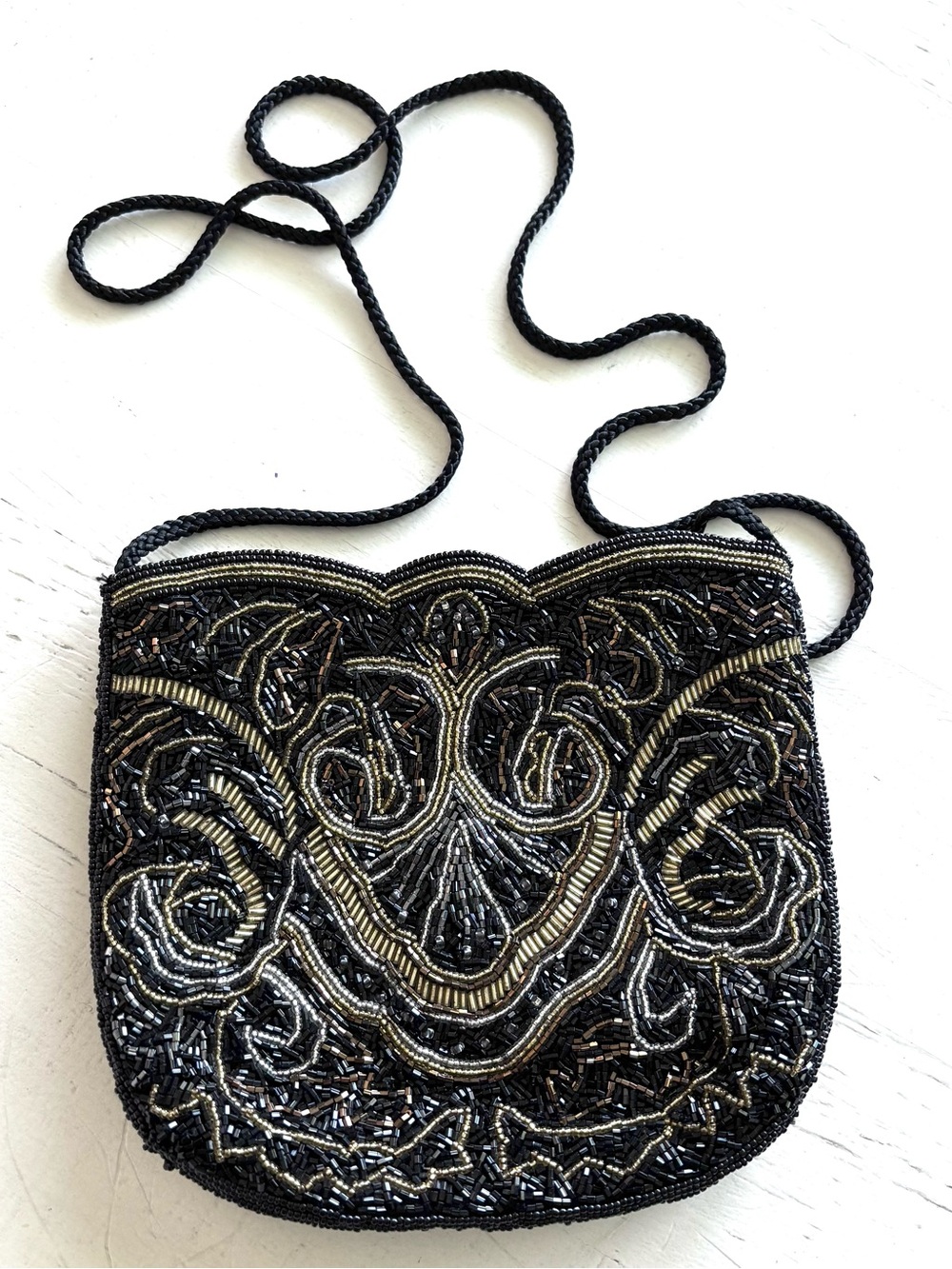 VINTAGE Carla Marchi Black Beaded Crossbody Evening Bag with Gold Accents